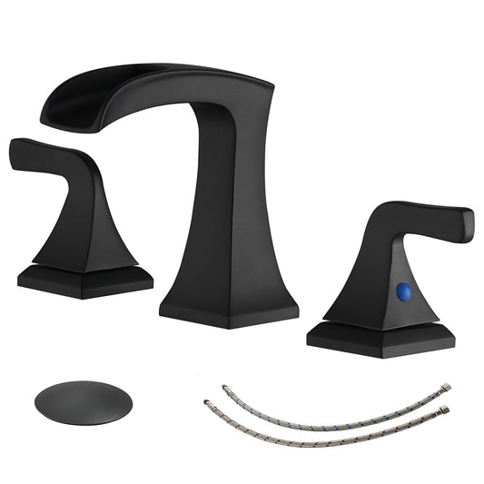 Matte Black Waterfall Bathroom Sink Faucet with 2 Handles and 8 in. Width