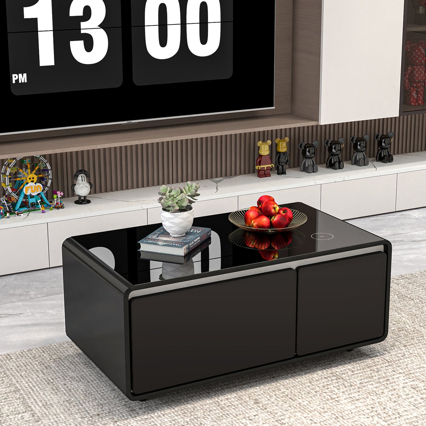 Black Smart Coffee Table with Refrigerated Storage, Wireless Charging, and Power Outlets