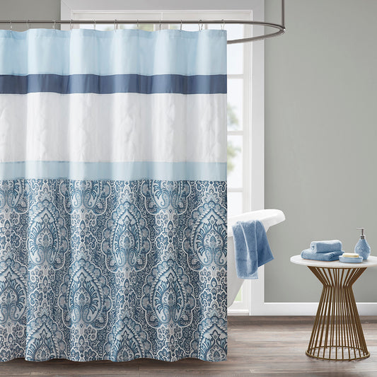 Sophisticated Blue Geometric and Damask Embroidered Shower Curtain