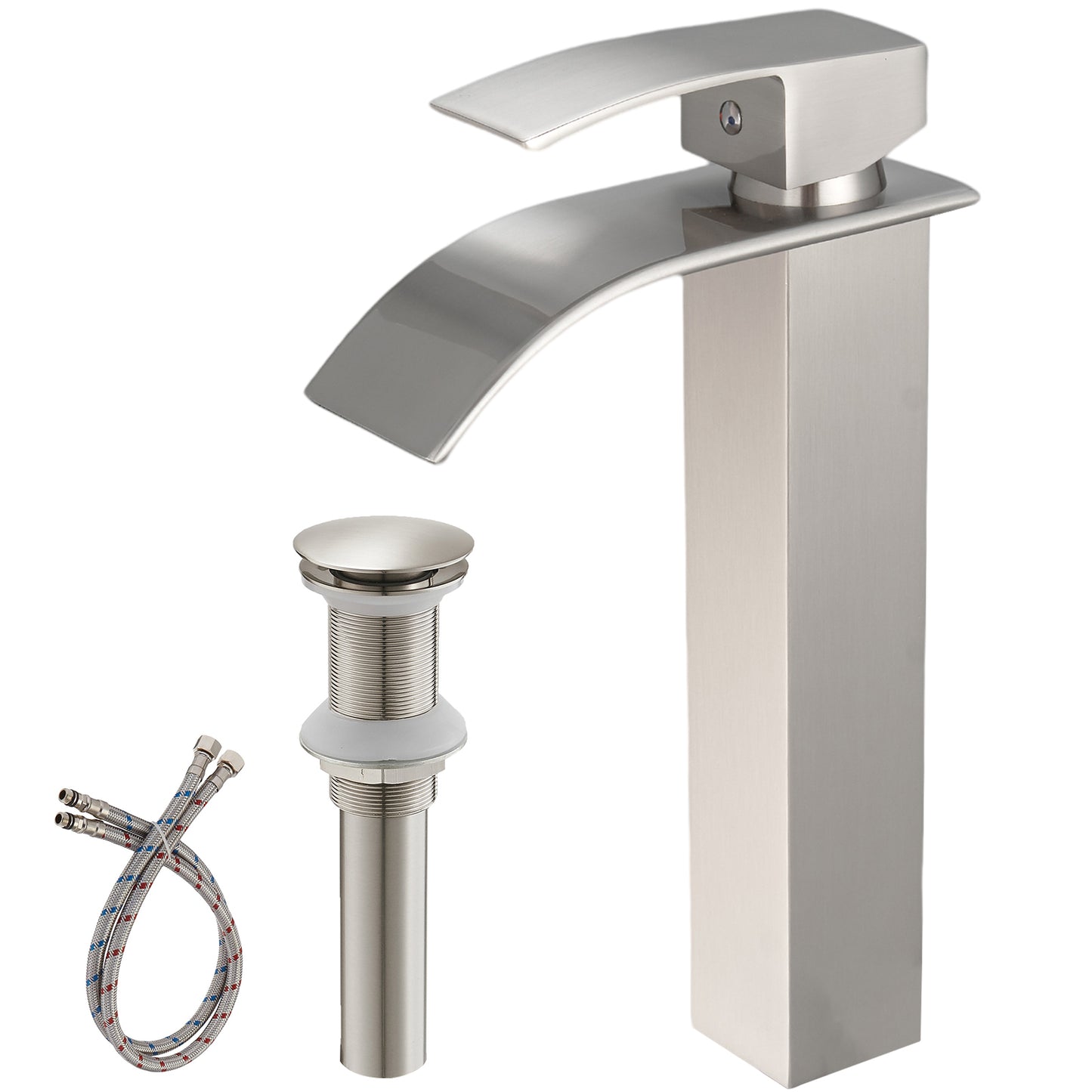 Modern Brushed Nickel Waterfall Bathroom Faucet with Pop-up Drain