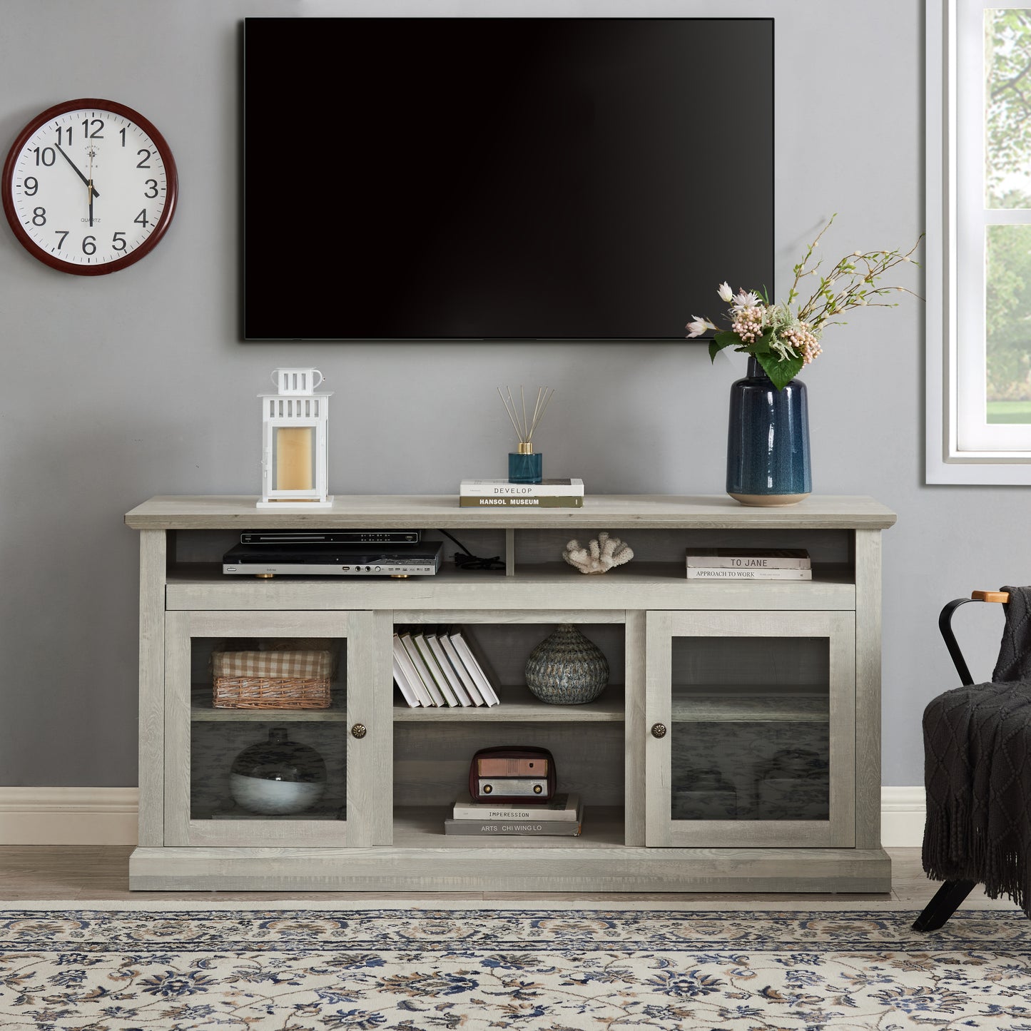 Modern Stone Gray TV Stand with Open and Closed Storage for TVs Up to 65