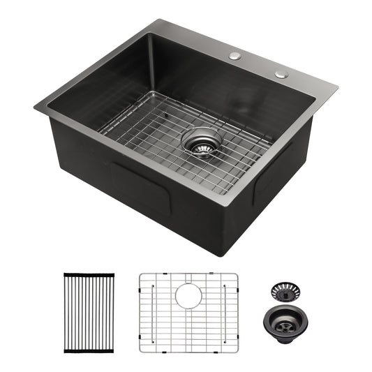 Gunmetal Black Topmount Kitchen Sink - 25x22 Inch Single Bowl Stainless Steel Sink