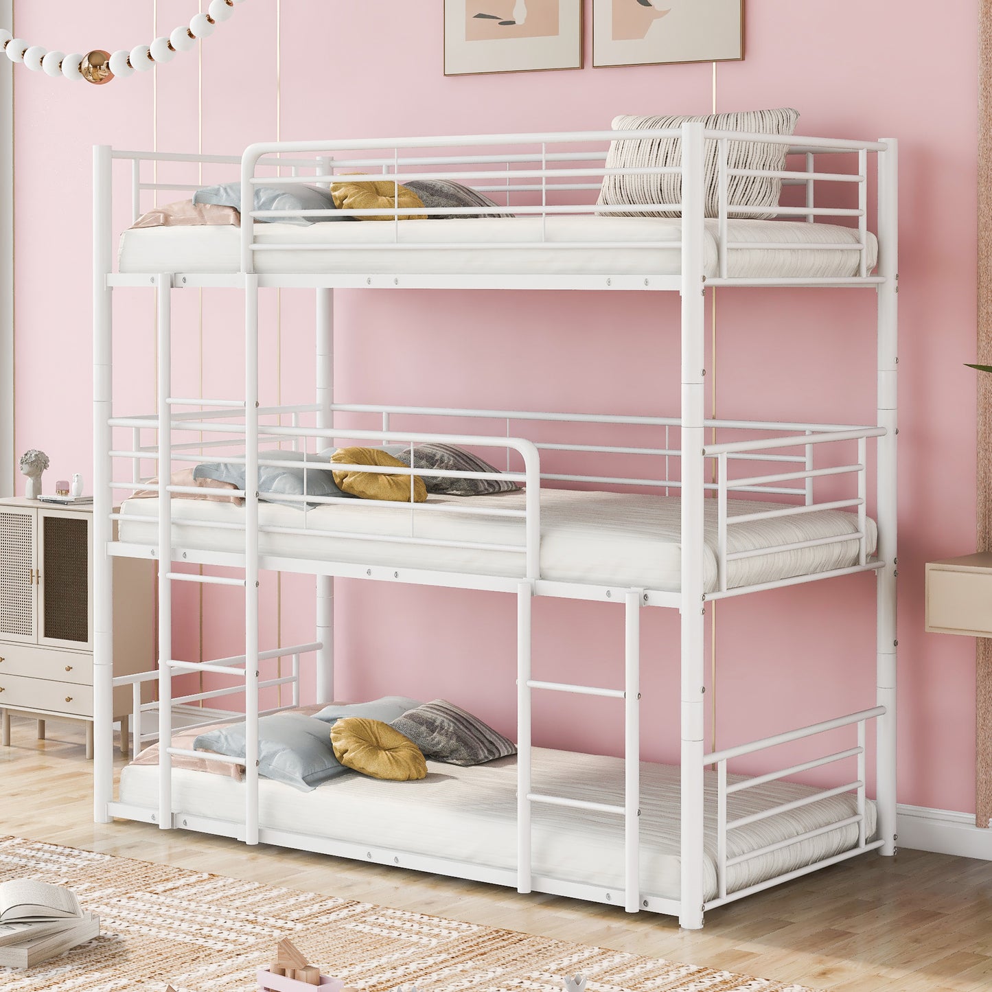 Twin-Twin-Twin Triple Bed with Built-in Ladder, Divided into Three Separate Beds,White(OLD SKU:LP000197AAK)