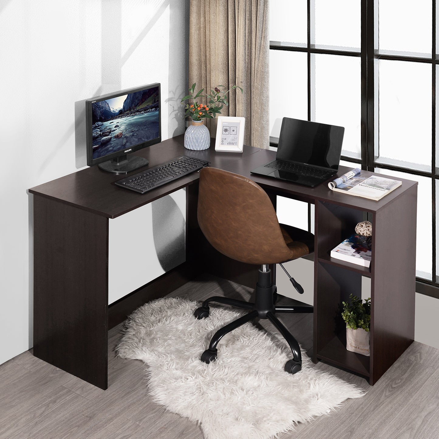 L-Shaped Computer Desk with Open Shelves and Ample Storage