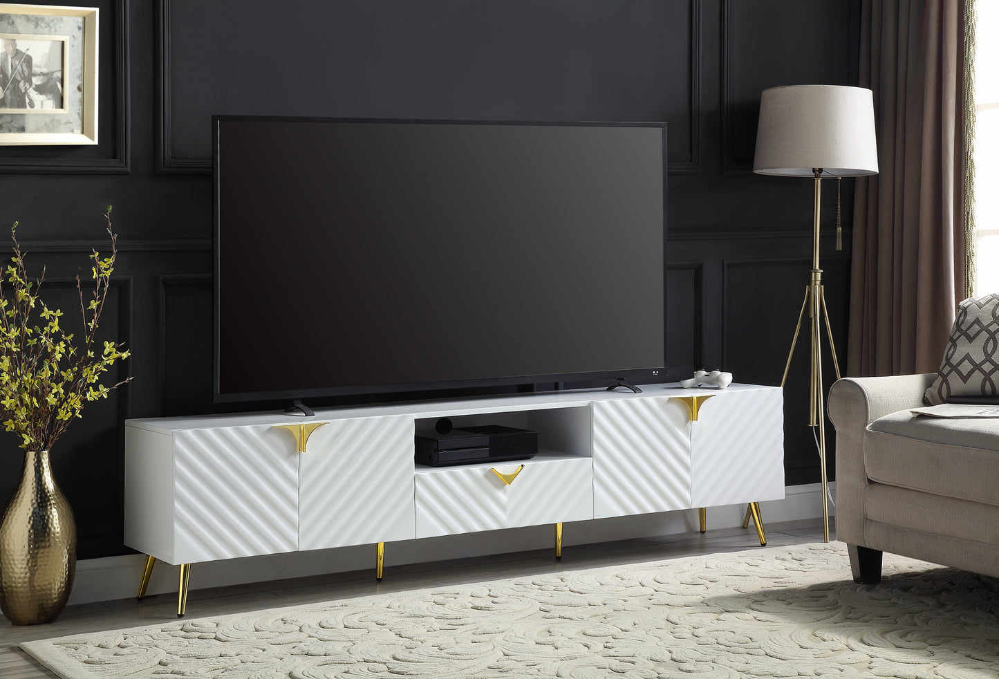 Gaines White High Gloss TV Stand with Gold Legs LV01138