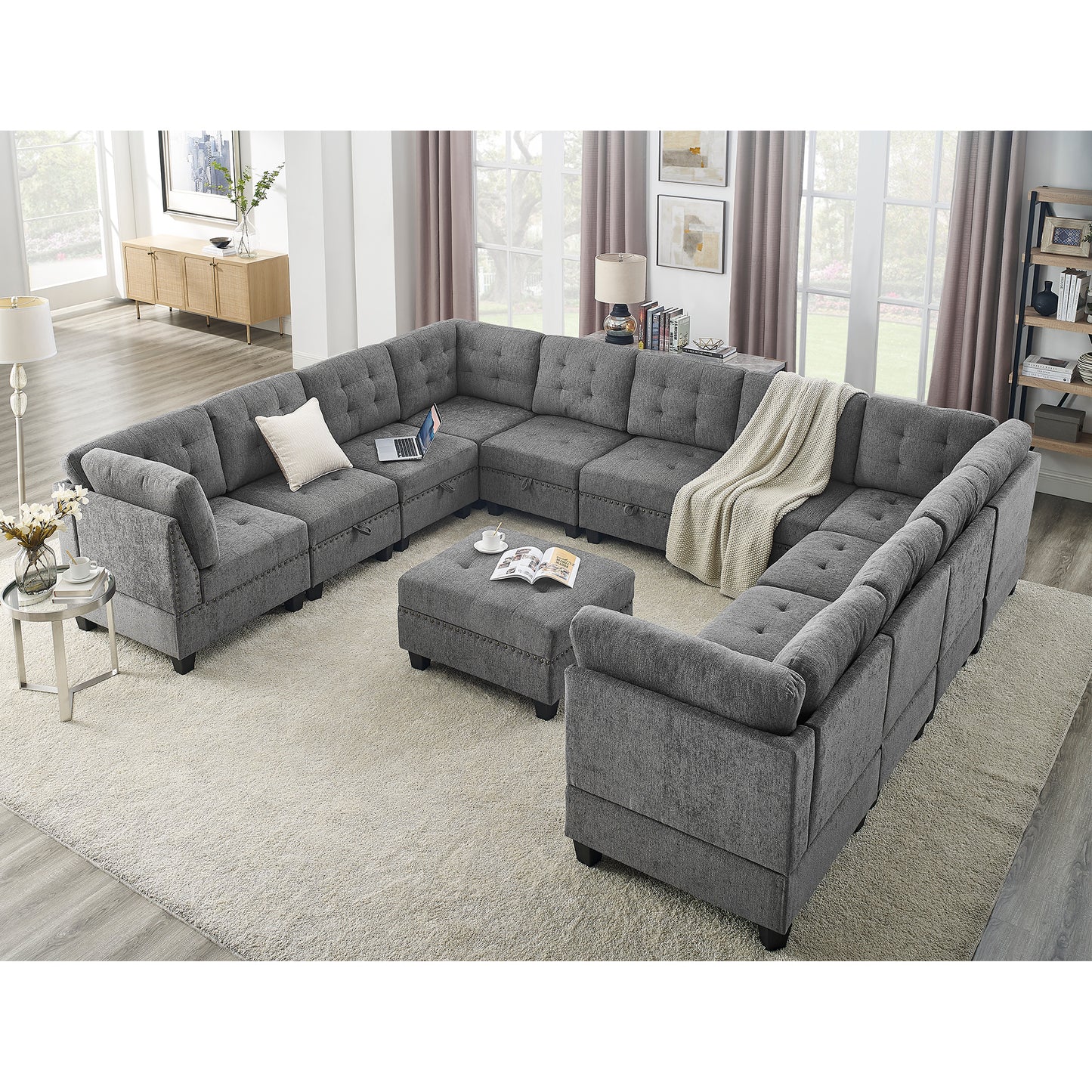 Grey U Shape Modular Sectional Sofa Set - DIY Combination with Versatile Arrangements and Bonus Storage