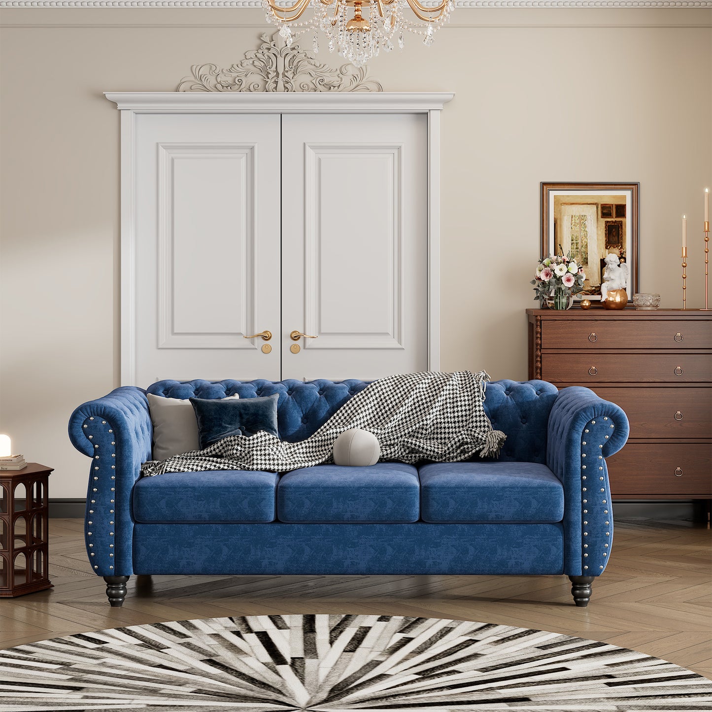 82-Inch Modern Plush Blue Sofa with Buttoned Tufted Backrest