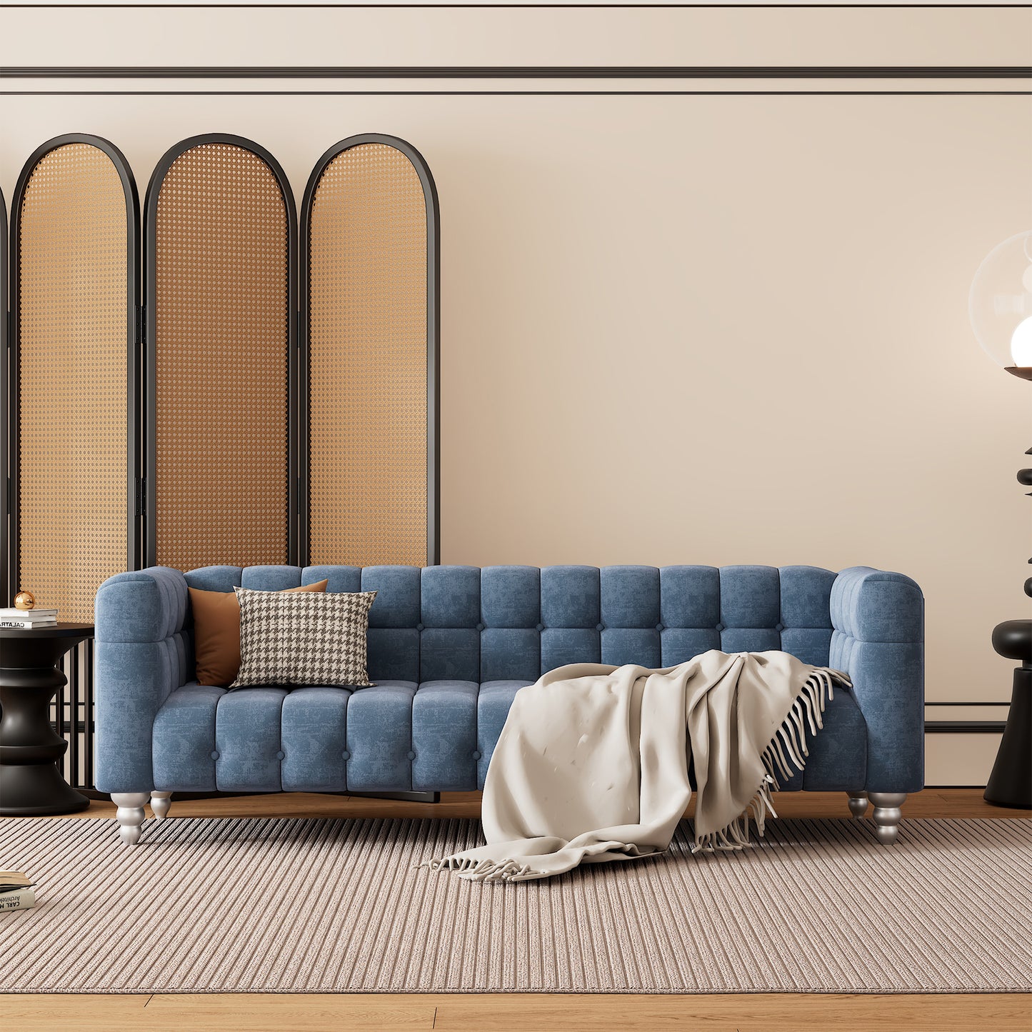 89 Modern Blue Upholstered Sofa with Tufted Backrest and Solid Wood Legs