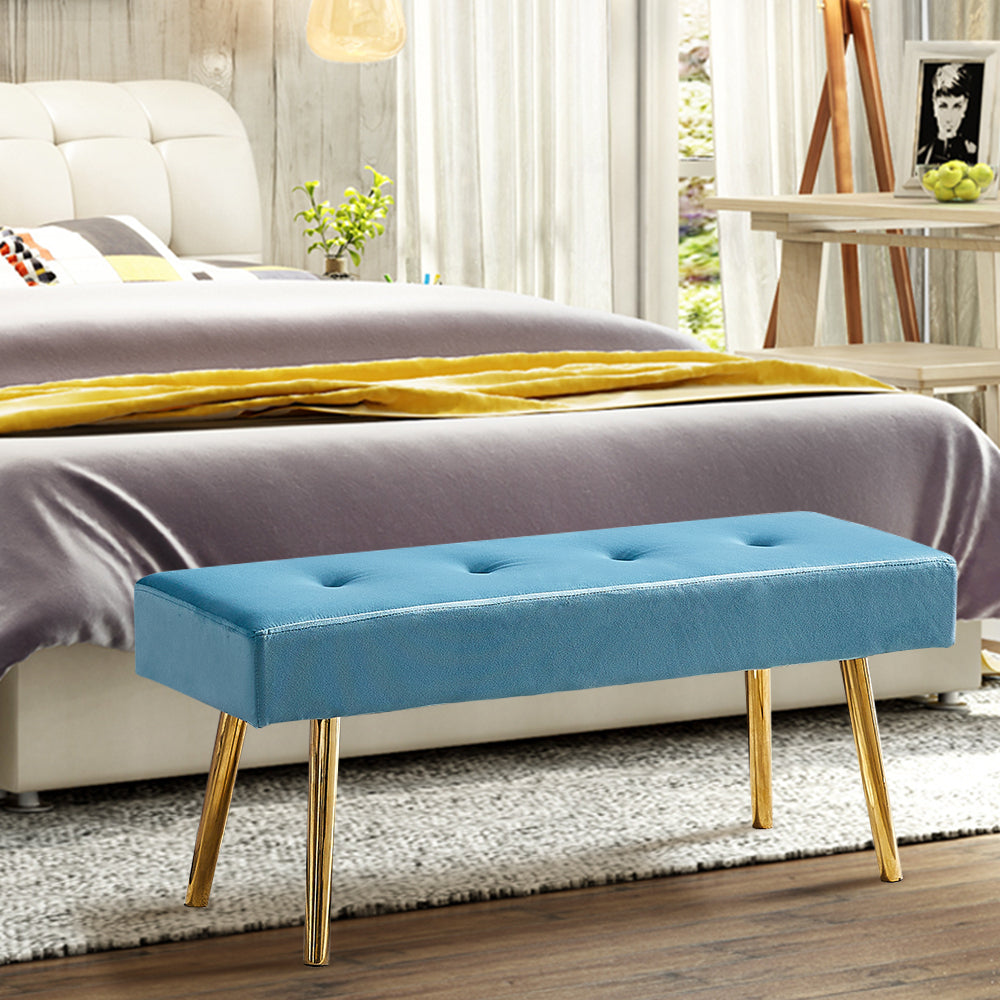 Long Bench Bedroom Bed End Stool Bed Benches Blue Tufted Velvet With Gold Legs