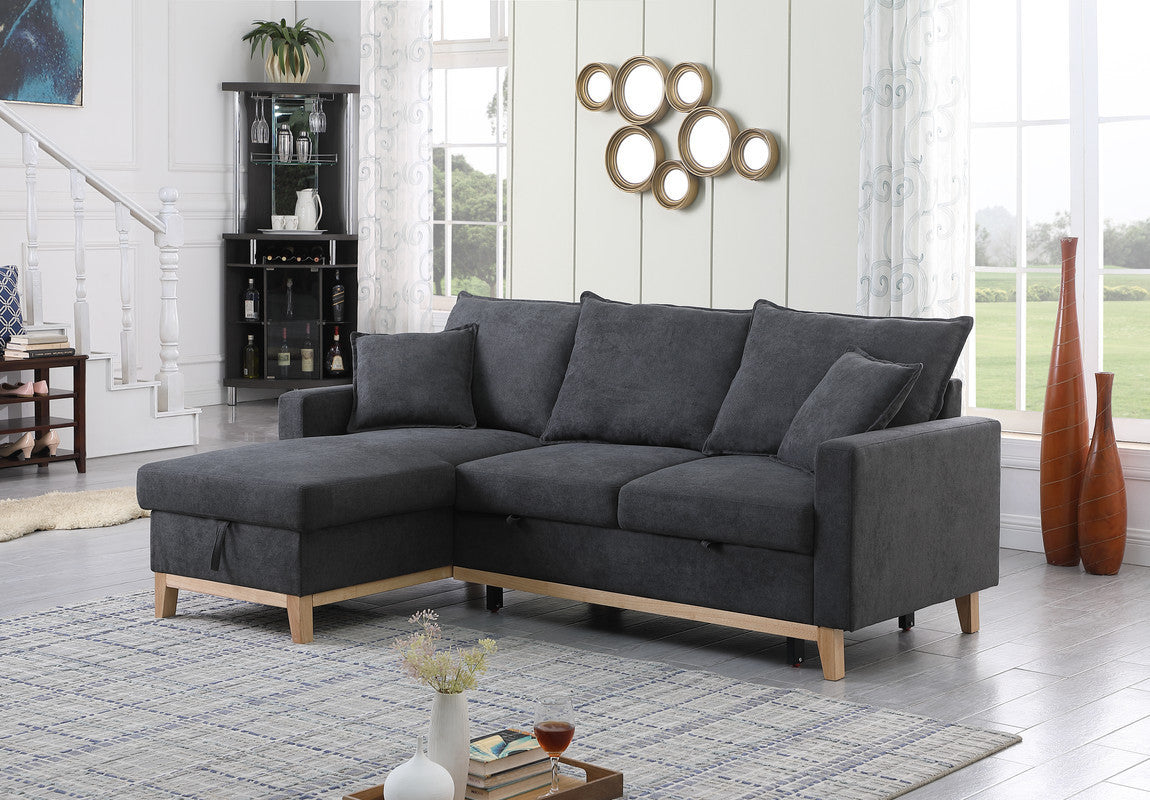 Convertible Dark Grey Upholstered Sleeper Sectional Sofa with Built-In Storage Chaise