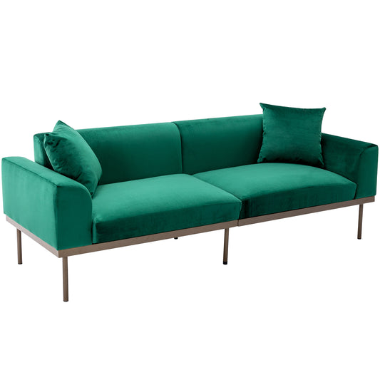 Modern Velvet Sofa with Metal Legs,Loveseat Sofa Couch with Two Pillows for Living Room and Bedroom, Green