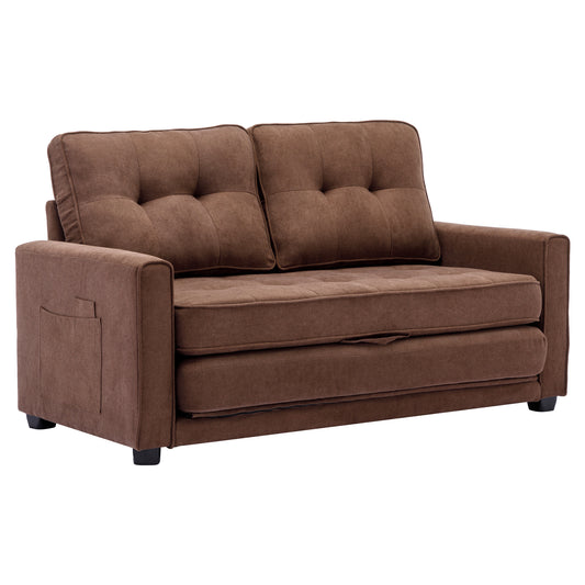 59.4 Pull-Out Loveseat Sofa Bed with Side Pocket, Brown Chenille Upholstered Couch