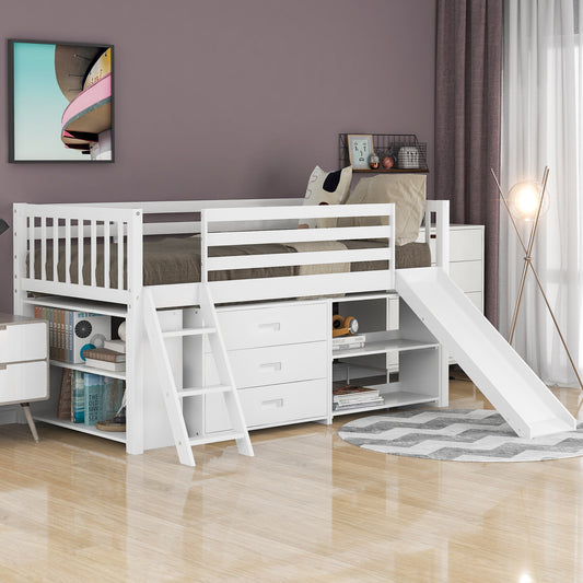 Low Loft Bed with Attached Bookcases and Separate 3-tier Drawers,Convertible Ladder and Slide,Twin,White