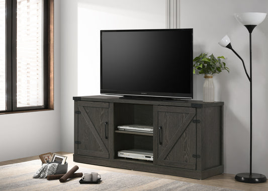 Modern Dark Gray TV Stand with Barn-Style Cabinets and Cable Management