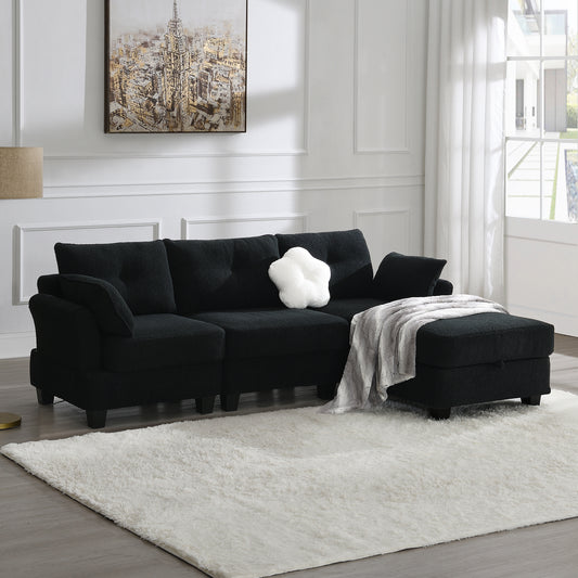 Modern Teddy Velvet Sectional Sofa with Charging Ports and Storage Ottoman - 4 Seat L-shaped Couch