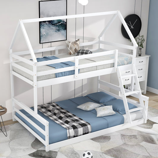 Playful White Twin over Full Bunk Bed with House-Inspired Design