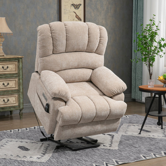 Beige Chenille Power Lift Recliner Chair with Massage, Heat, and USB Port for Extra Large Size