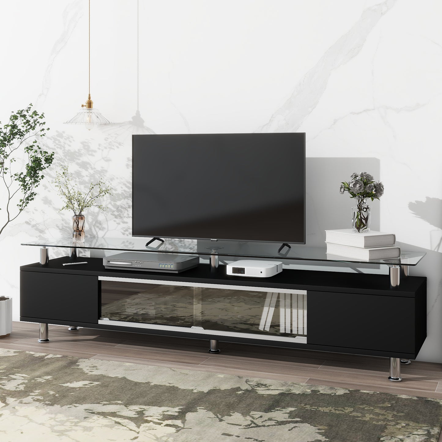 Modern Black Glass TV Stand with Sliding Door