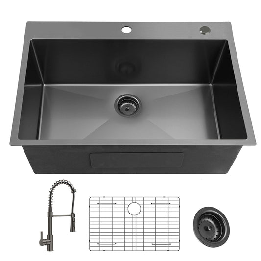 Topmount Stainless Steel Kitchen Sink Set With Black Spring Neck Faucet