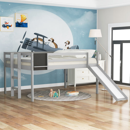 Full size Loft Bed Wood Bed with Slide, Stair and Chalkboard,Gray