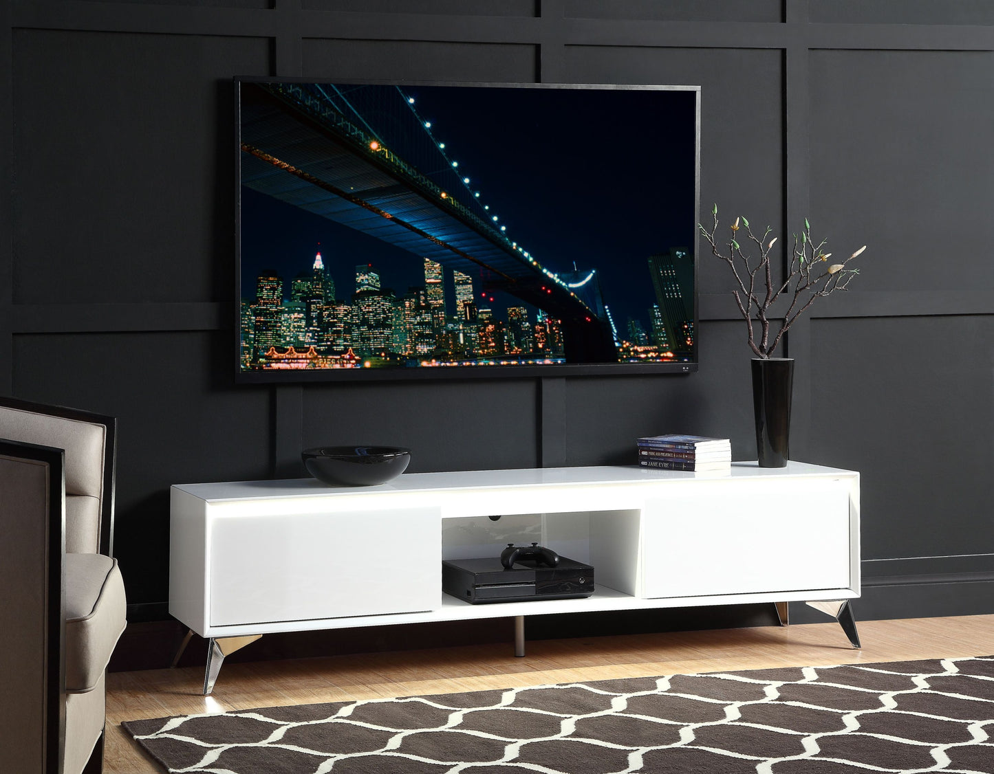 Modern LED TV Stand with White and Chrome Finish