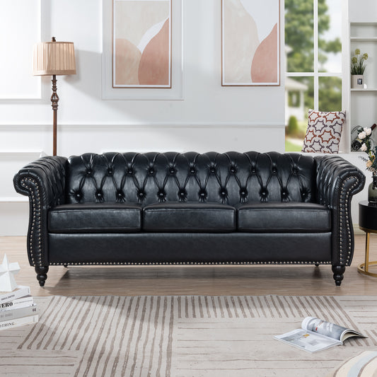 Elegant 84.65 Black PU Rolled Arm Chesterfield Three Seater Sofa with US TB117 Safety Compliance