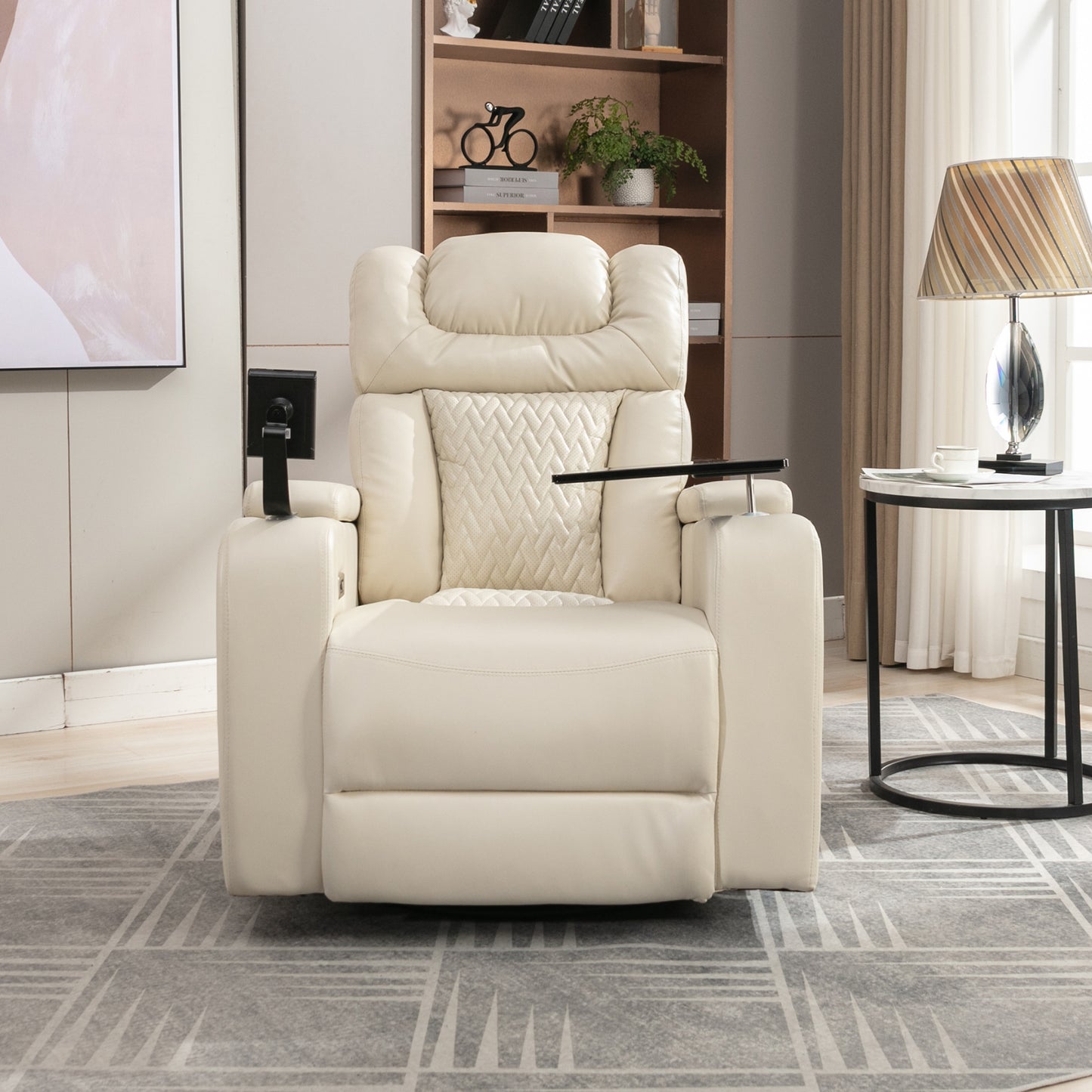 Power Recliner with Swivel, Cup Holder, USB Port, and Tray Table, White