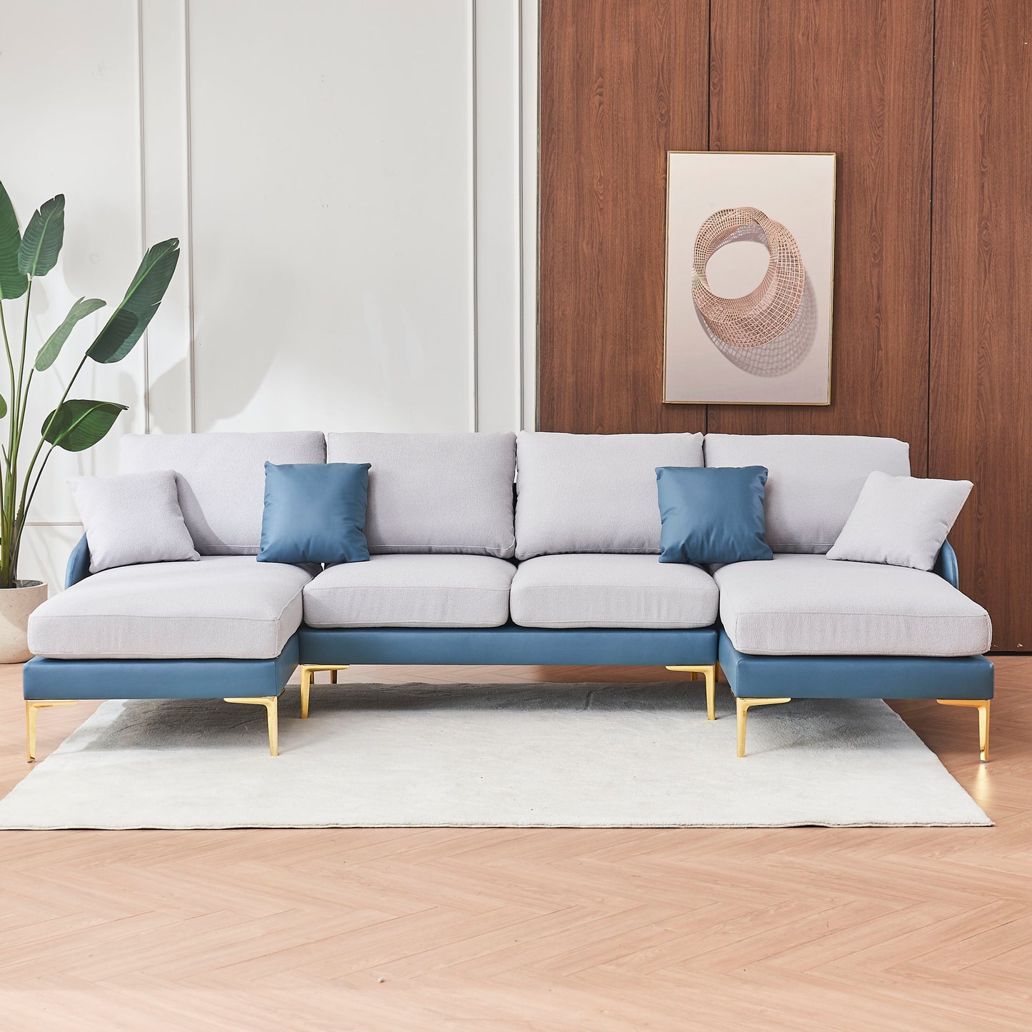 Modern large area Linen+Leathaire fabric color matching segmented sofa, ultra wide lounge chair, golden legs, U-shaped, blue+light gray