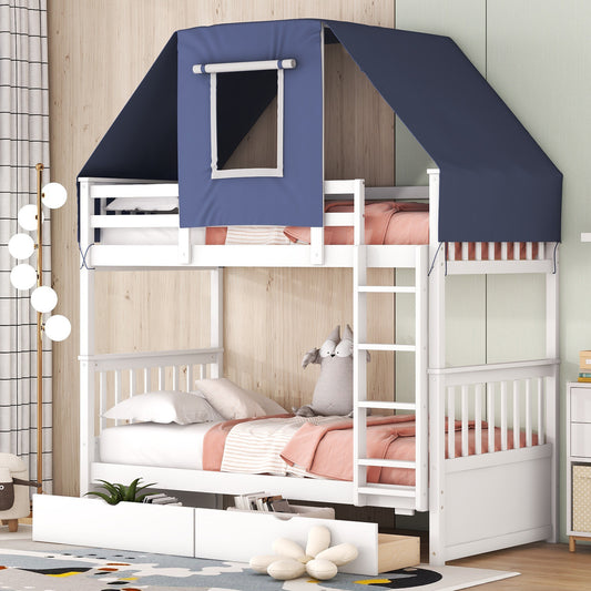 House-Shaped Twin Bunk Bed with Tent, Drawers, White & Blue