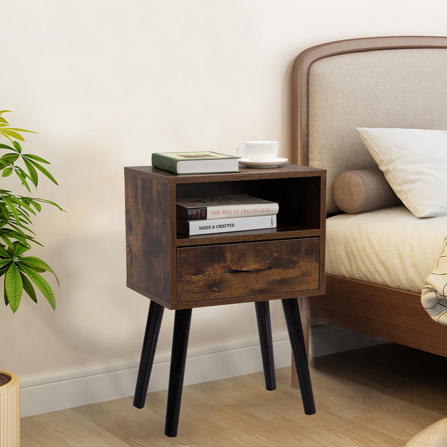 Set of 2 Mid Century Nightstand, Side Table with Drawer and Shelf, End Table for Living Room Bedroom, Rustic Brown