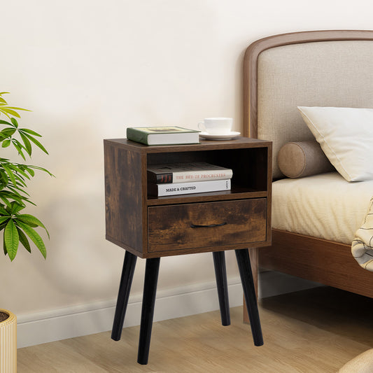 Set of 2 Mid Century Nightstand, Side Table with Drawer and Shelf, End Table for Living Room Bedroom, Rustic Brown