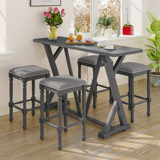 Mid-century Counter Height 5-Piece Dining Set, Wood Console Table with Trestle Legs and 4 Stools for Small Places, Gray