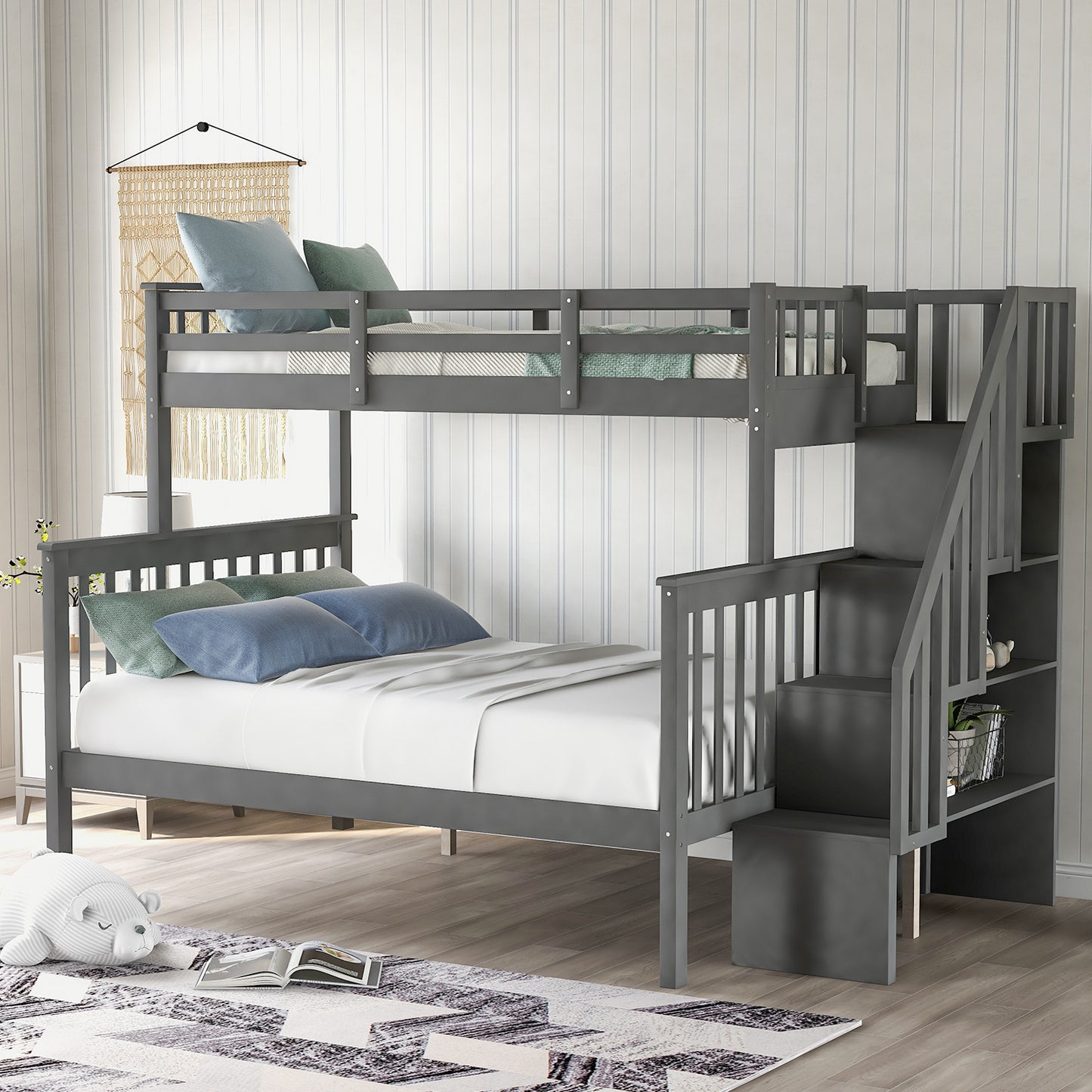 Gray Twin-Over-Full Bunk Bed with Staircase Storage and Safety Rail