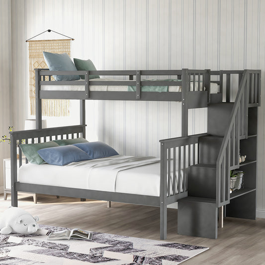 Gray Twin-Over-Full Bunk Bed with Staircase Storage and Safety Rail