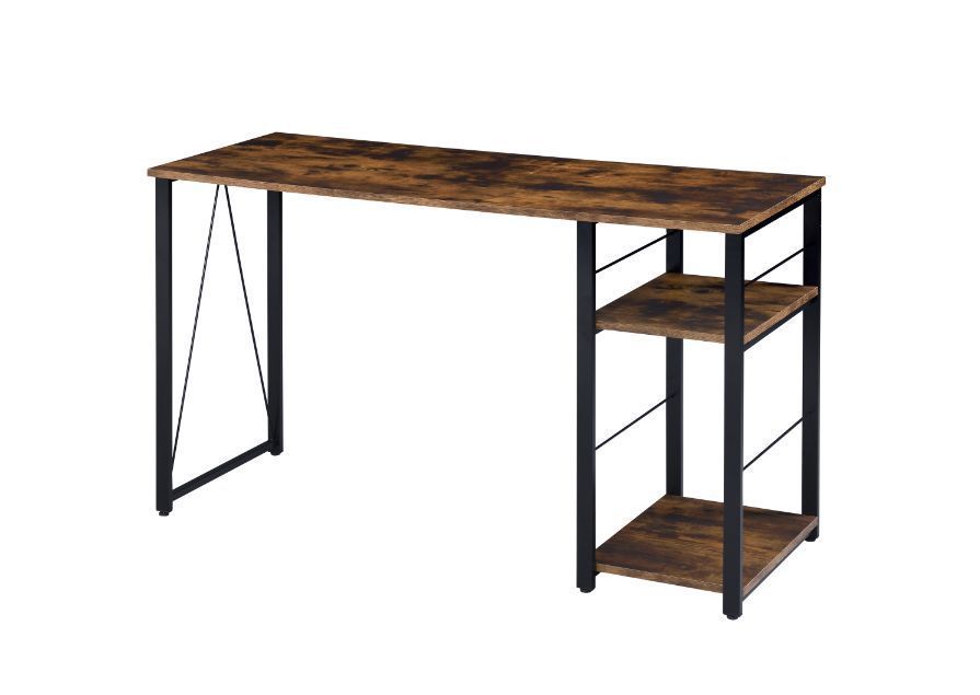 Vadna Weathered Oak Industrial Writing Desk with Two-Tier Shelf