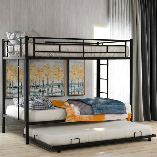 Twin Bunk Bed with Trundle - Space-Saving Black Design