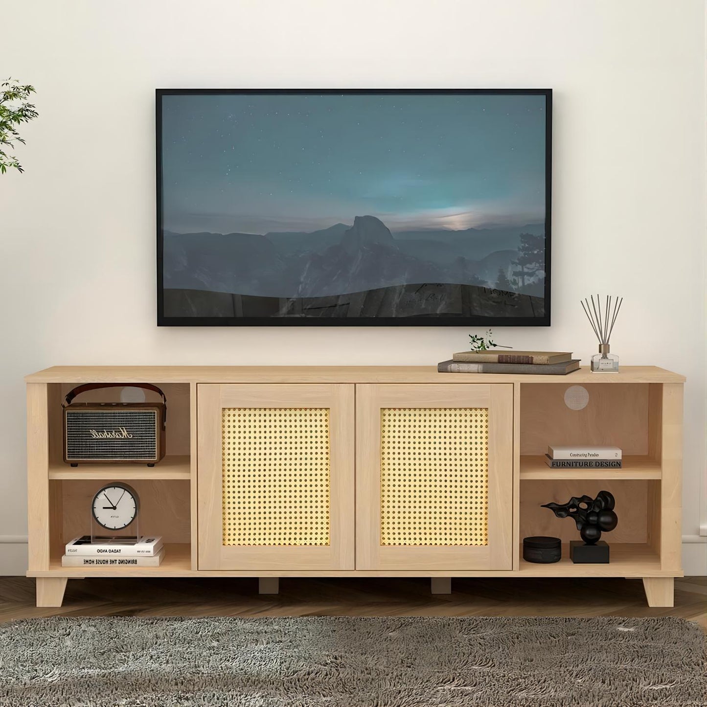 Rattan TV Stand with Boho-Chic Design for 65-70 inch TVs and Ample Storage