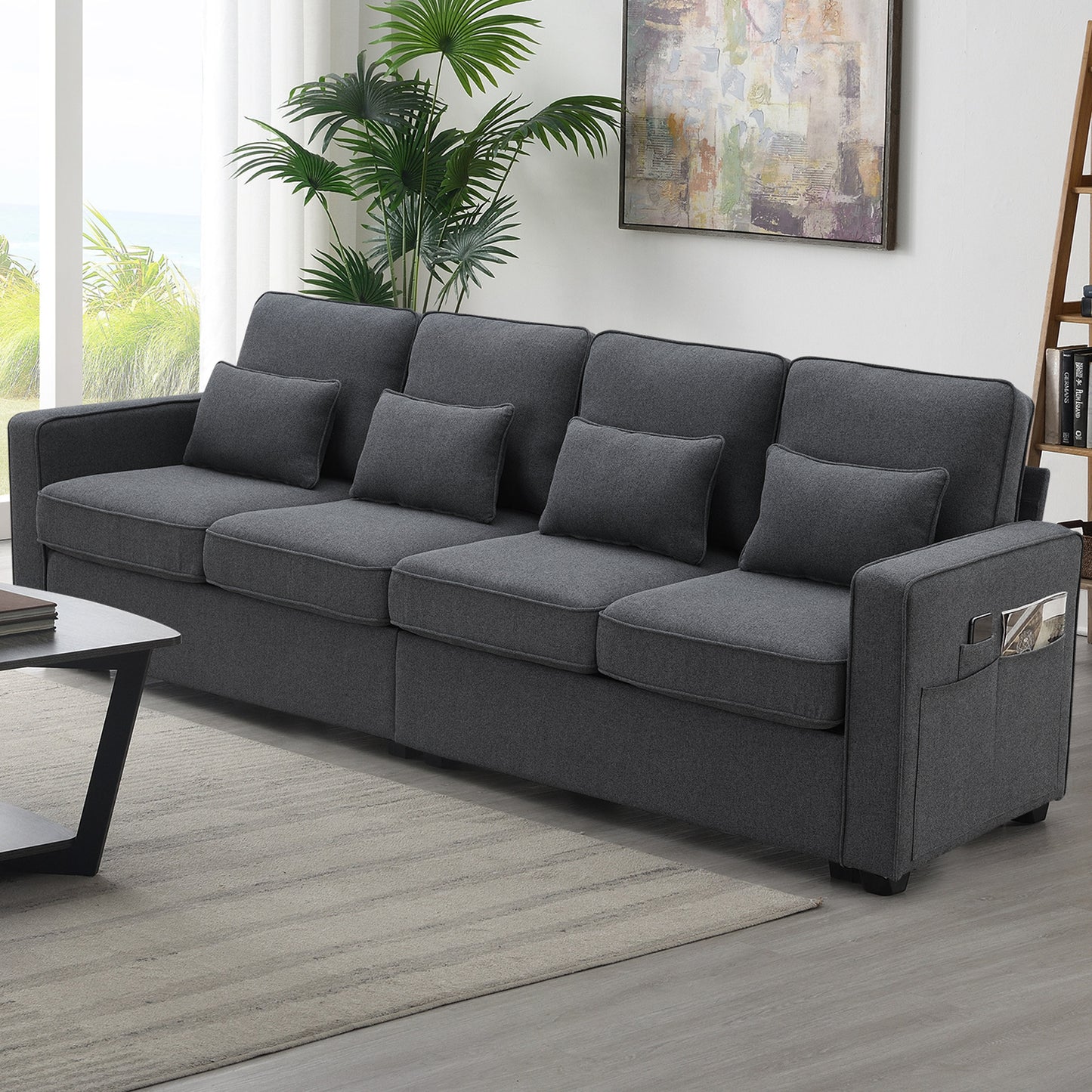 Contemporary 104 4-Seater Linen Fabric Sofa with Armrest Pockets and 4 Pillows, Ideal for Living Room, Apartment, Office, Available in 3 Colors