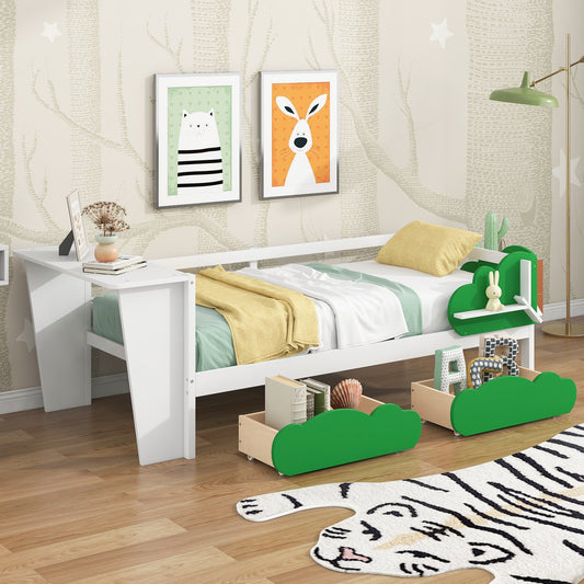 Twin Size Daybed with Desk, Green Leaf Shape Drawers and Shelves, White