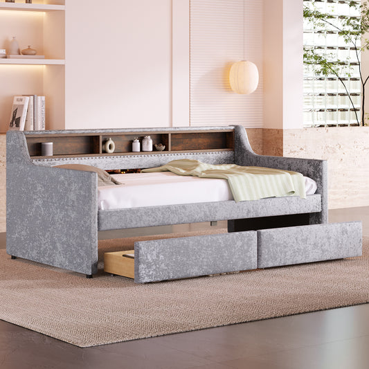 Twin Size Snowflake Velvet Daybed with Two Storage Drawers and Built-in Storage Shelves,Gray