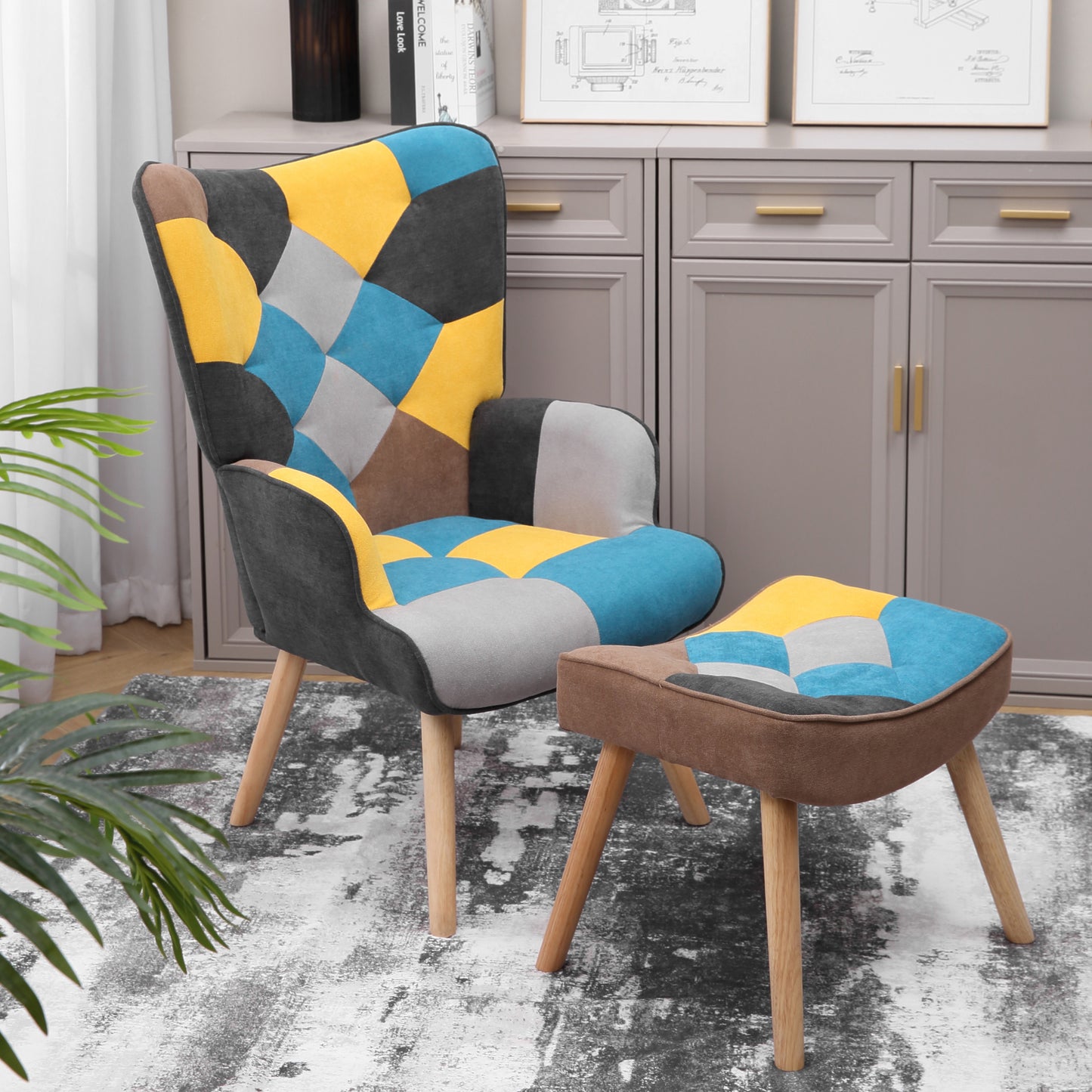 Accent Chair with Ottoman, Living Room Chair and Ottoman Set, Comfy Side Armchair for Bedroom, Creative Splicing Cloth Surface