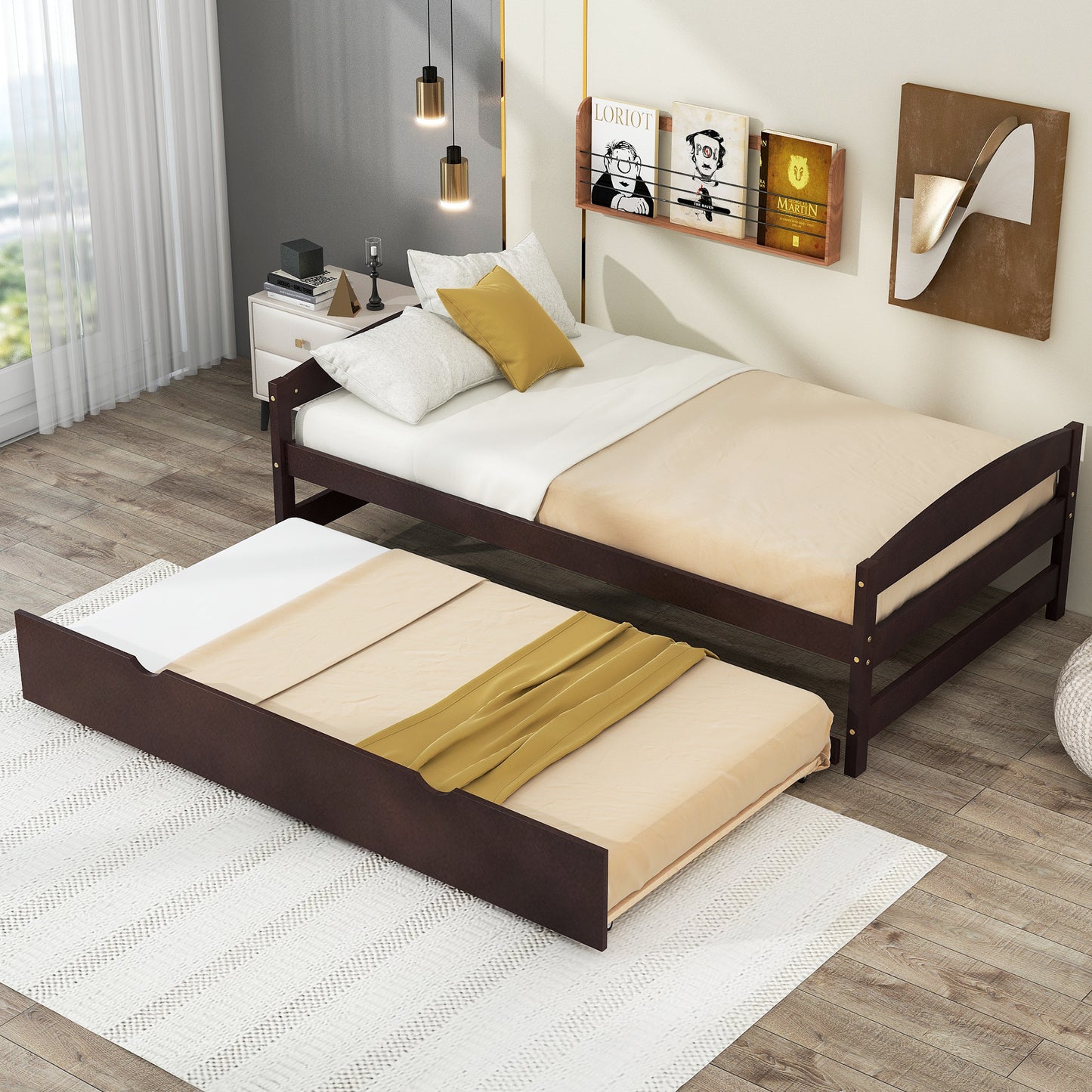 Twin Size Platform Bed with Twin Size Trundle, Espresso(Expected Arrival Time: 1.7)