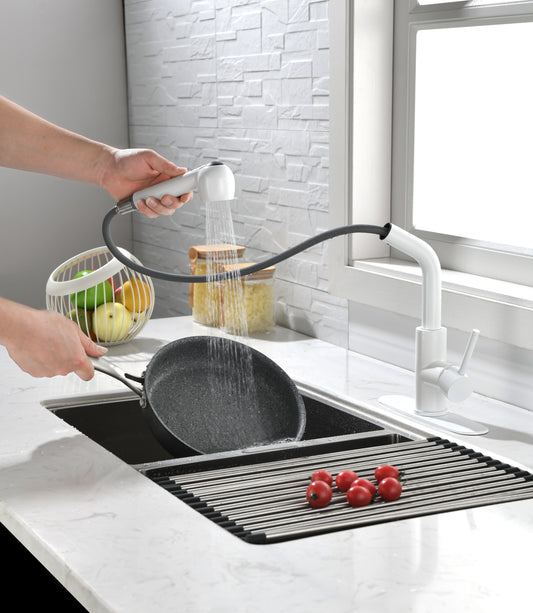 in White Pull-Out Sprayer Kitchen Faucet In Stainless with Deck Plate