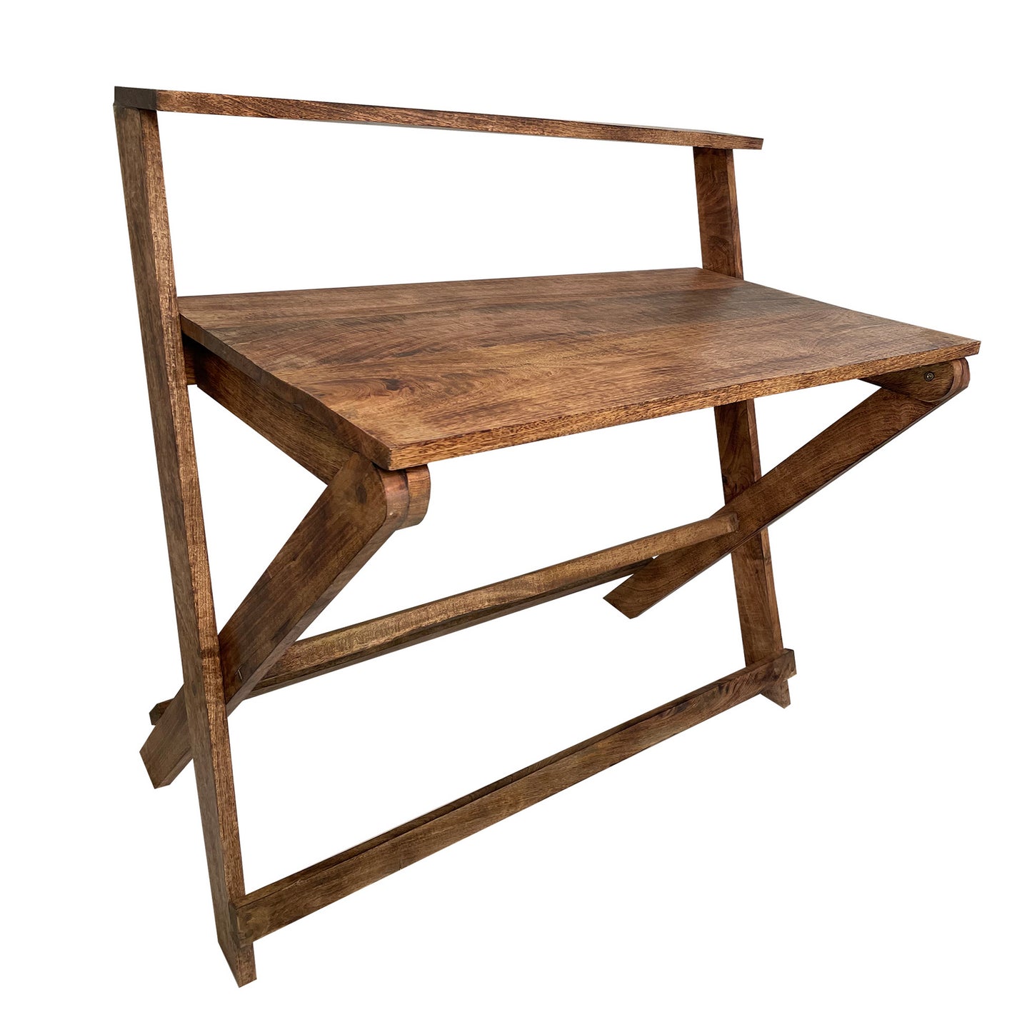 Foldable Mango Wood Desk with Top Shelf, X-Shaped Frame - 42 inches