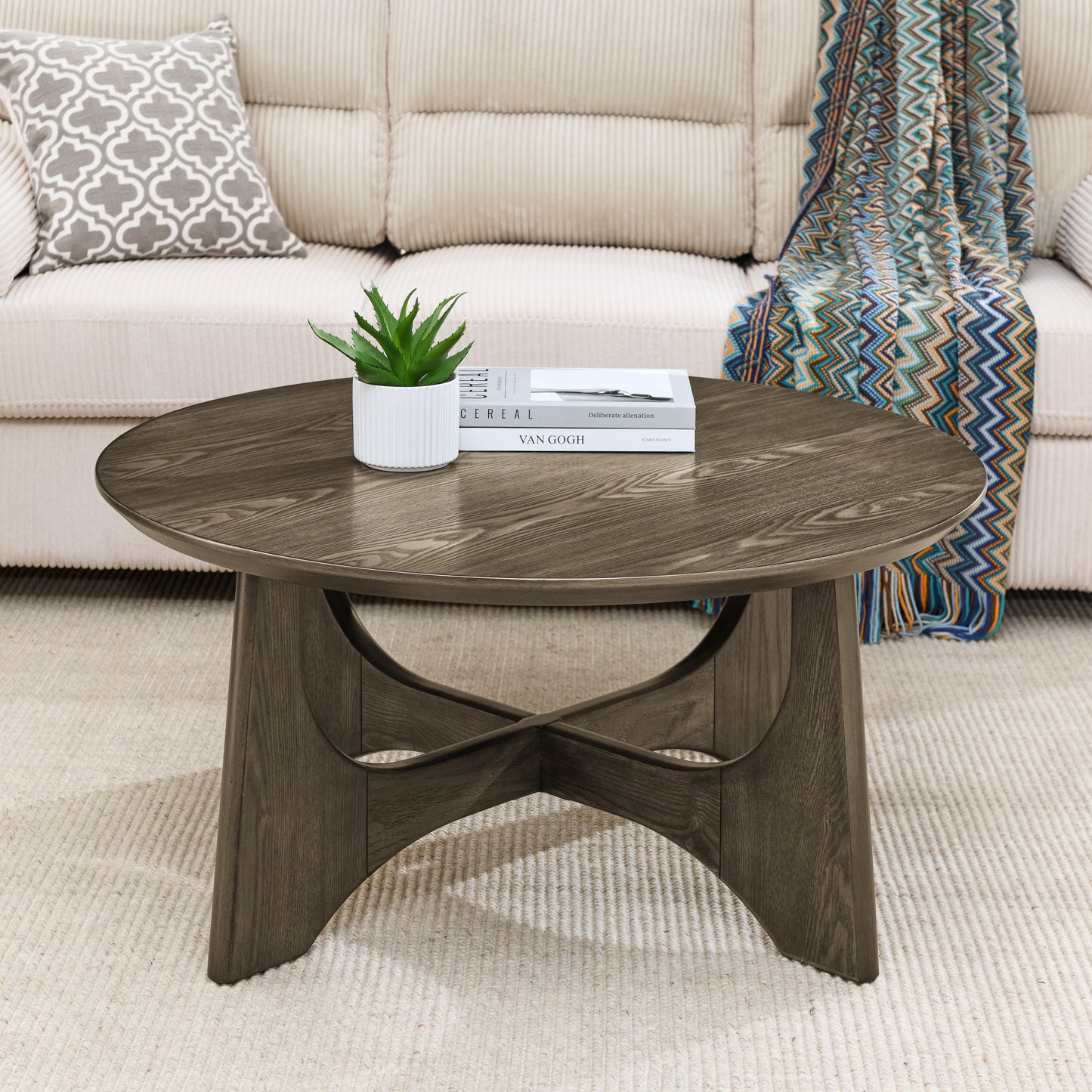 36-Inch Circular Wooden Coffee Table with Modern Minimalist Design