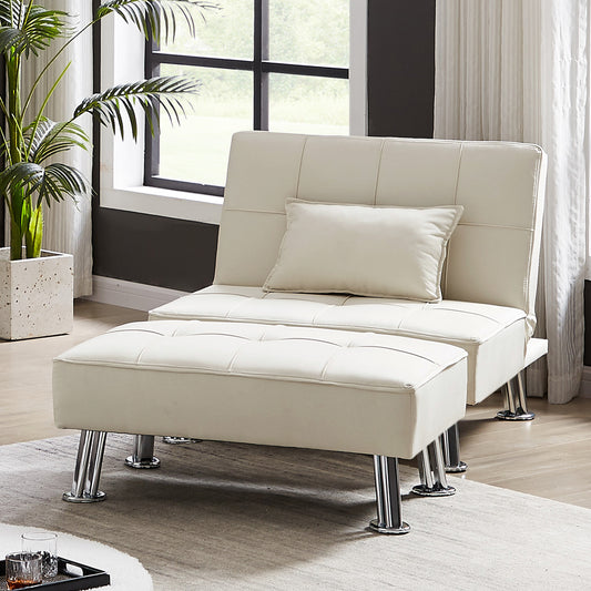 BEIGE  Fabric Single Sofa Bed with Ottoman , Convertible Folding Futon Chair, Lounge Chair Set with Metal Legs .