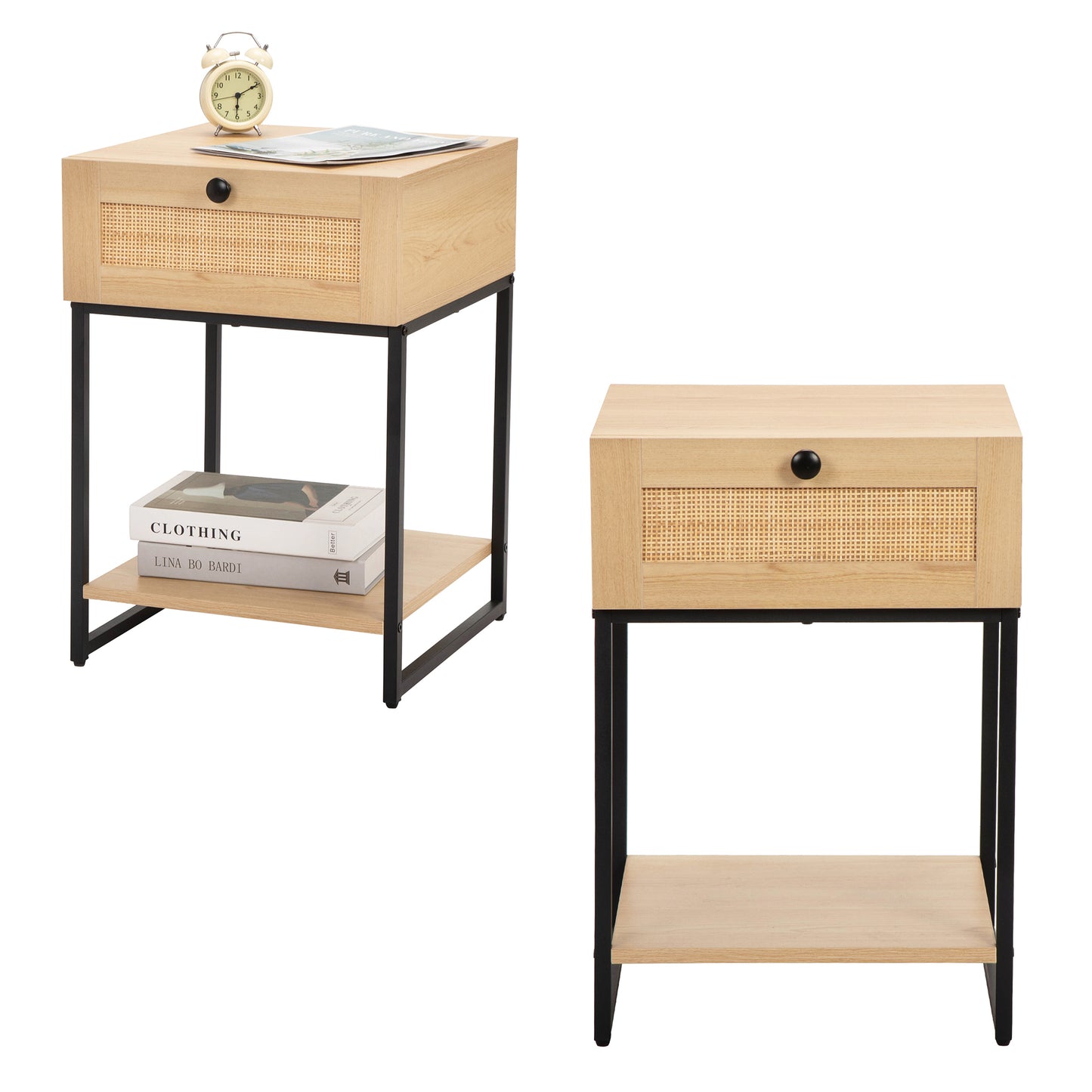 Set of 2 Nightstand with Rattan Drawer, End Table with Bottom Shelf, Modern Side Collection for Bedroom Living Room Office