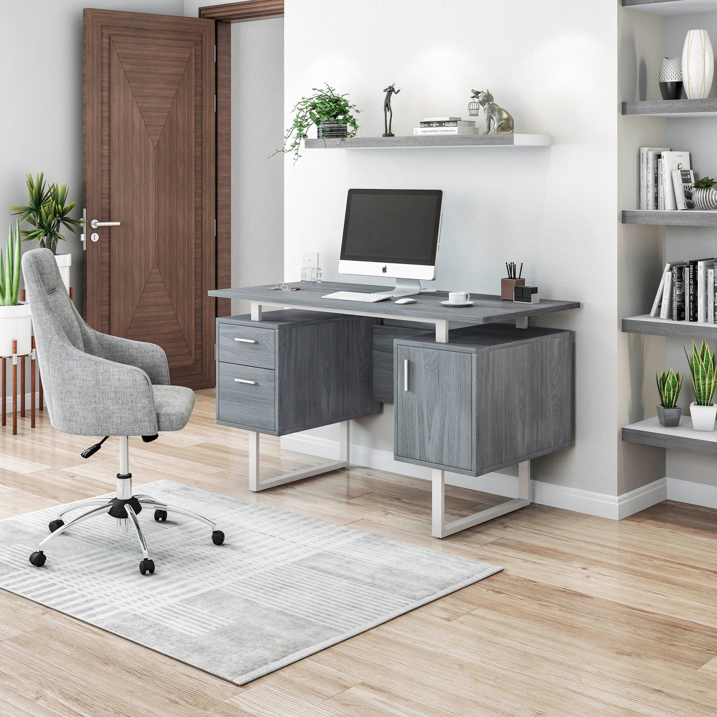 Sleek Grey Office Desk with Ample Storage