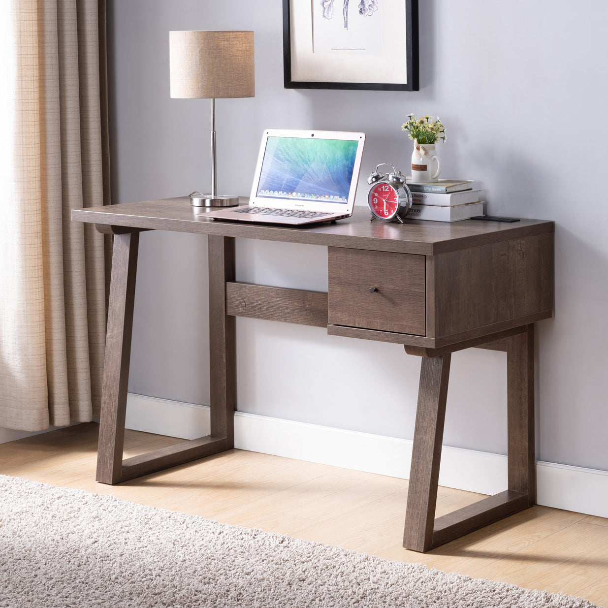 Walnut Oak Writing Desk with Built-In USB Port and Drawer