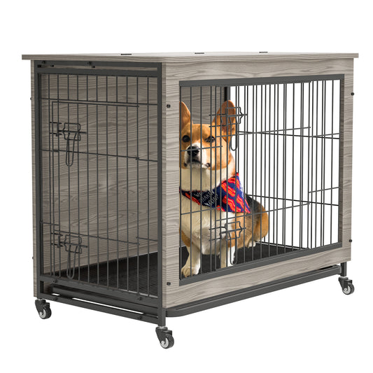 23.6"L X 20"W X 26"H Dog Crate Furniture with Cushion, Wooden Dog Crate Table, Double-Doors Dog Furniture, Dog Kennel Indoor for Small Dog, Dog House, Dog Cage Small,  Rustic Brown Grey